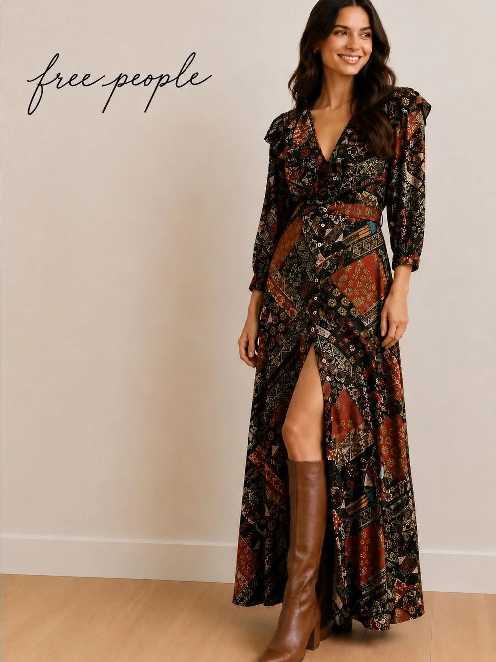 Free People Patchwork Boho Ruffle Maxi Dress | Size Large